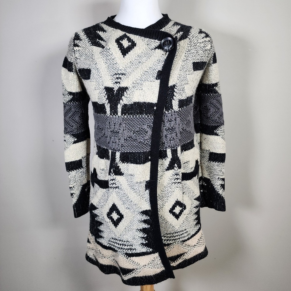 Lucky Brand Cardigan Womens XS Knit Sweater Waterfall Wrap Long Pockets Aztec